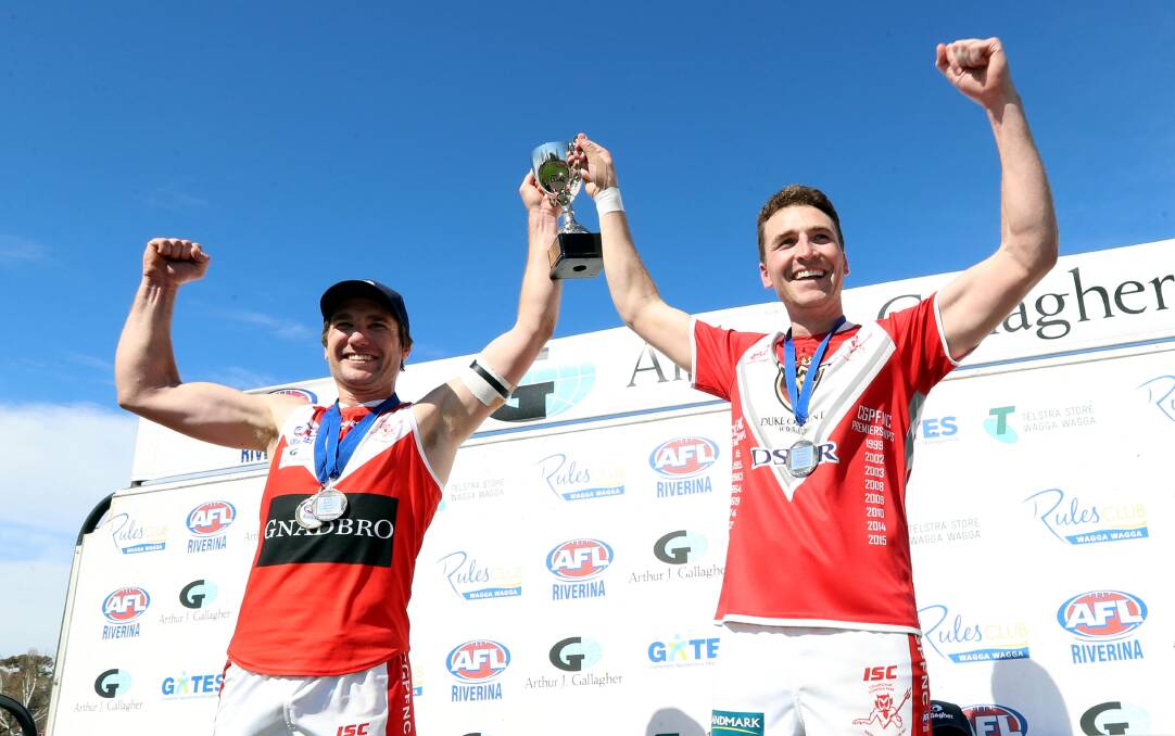 Kal Sykes (right) celebrates the reserve grade premiership with good mate Luke Powell (left). Picture: Les Smith