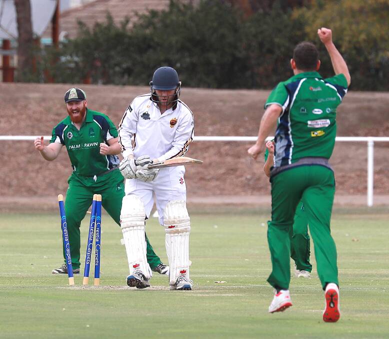 GOT HIM: Lake Albert batsman Jacson Somerville is cleaned up by Wagga City's Jon Nicoll in the game at McPherson Oval on Saturday. Picture: Les Smith