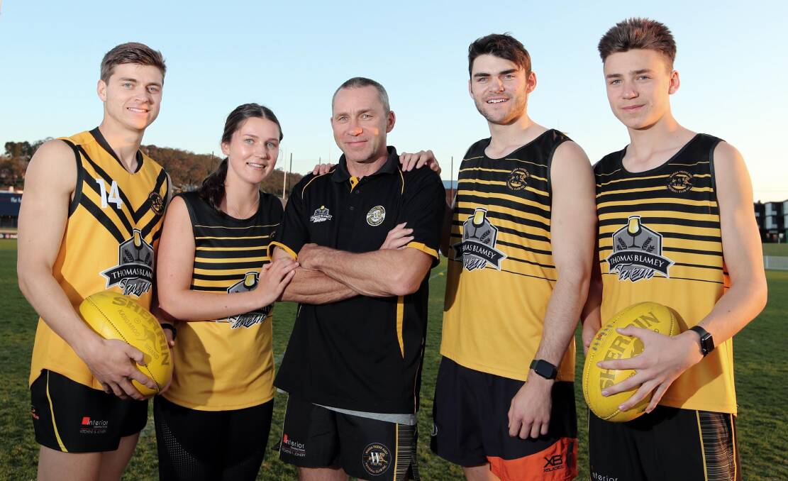 FAMILY AFFAIR: Jackson, Eliza, Paul, Ben and Harry Kelly at Wagga Tigers' training at Robertson Oval on Thursday night. Picture: Les Smith