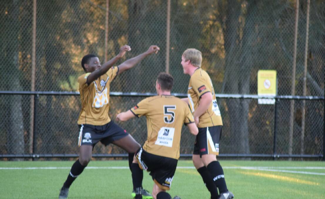 CELEBRATION: Bradley Fangas celebrates his goal in fine style at Valentine Sports Park on Saturday. Picture: Wagga City Wanderers Facebook page