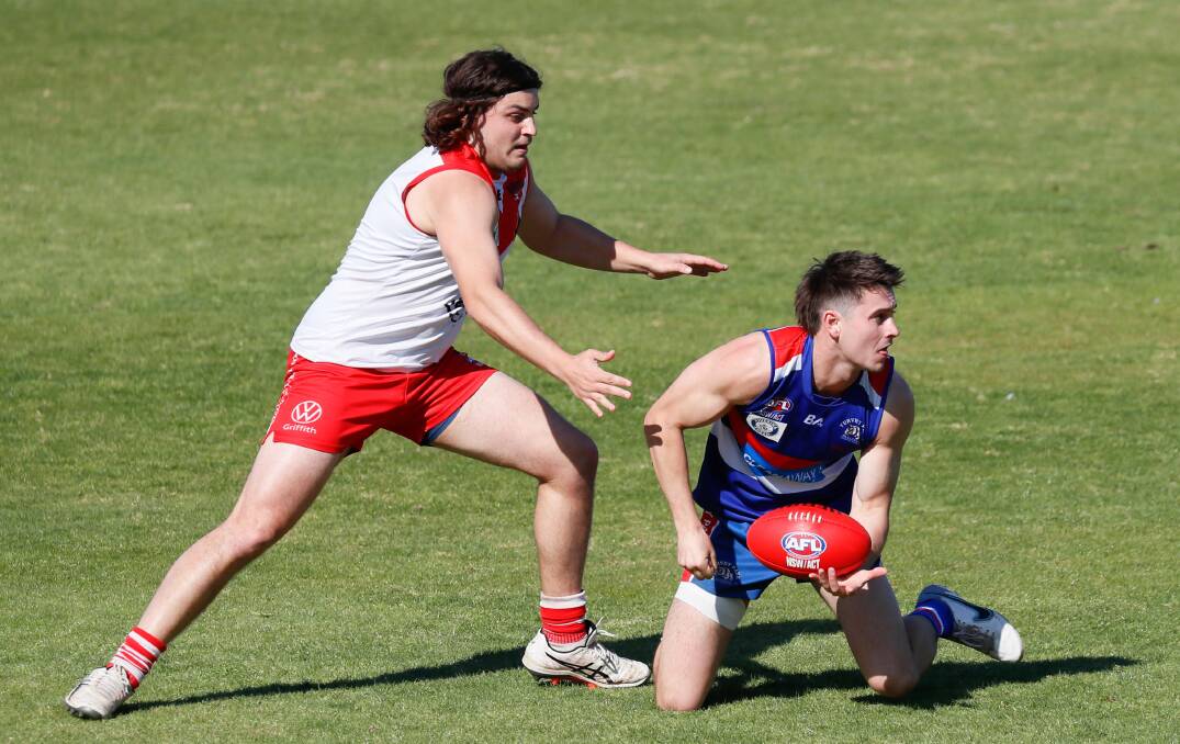 Sam Foley (left) in action for Griffith against Turvey Park in the Riverina League second semi-final at Narrandera Sportsground. Picture by Les Smith