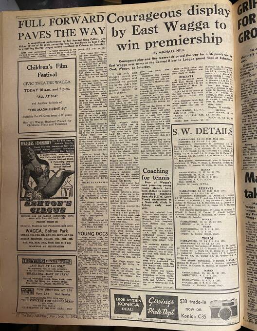 Coverage of the 1972 premiership win in The Daily Advertiser. Courtesy of Michael McCormack.