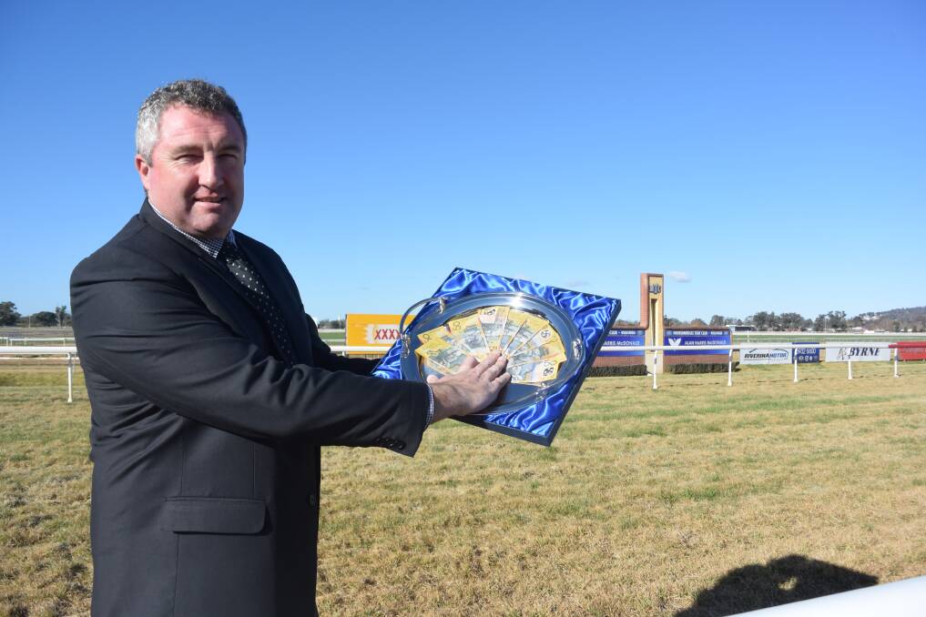 CASH SPLASH: Murrumbidgee Turf Club chief executive Steve Keene celebrates Racing NSW's announcement to increase prizemoney for country Cup carnivals on Wednesday. Picture: Matt Malone