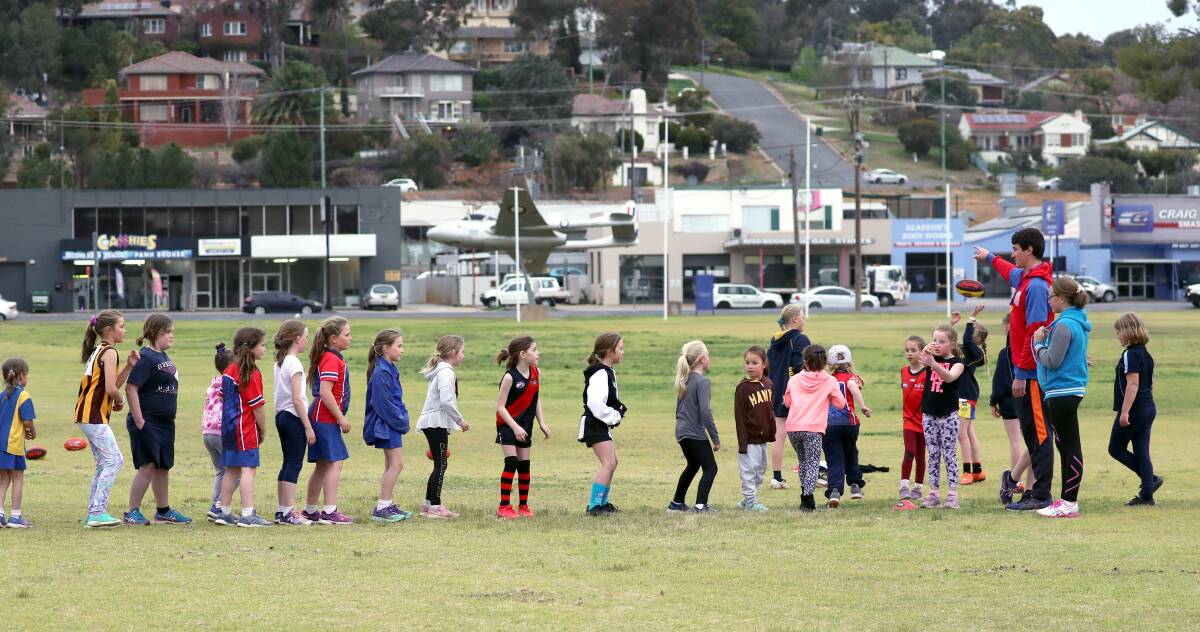The numbers at the girls Auskick session in Wagga on Wednesday were strong. Picture: Les Smith
