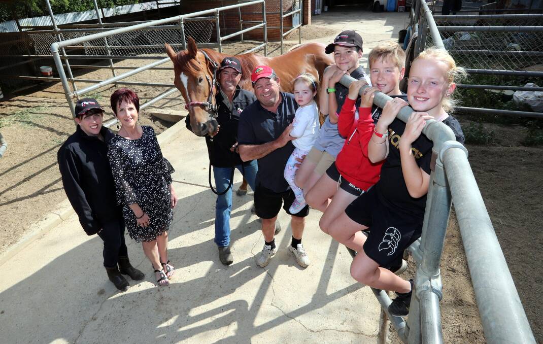 TEAM HAZY: O' So Hazy with her fan club, (from left) Donna Spackman, Maria Penfold, trainer Scott Spackman, Noel Penfold, Evie Penfold, 3, Oliver Spackman, 11, Harry Chisholm, 8, and Millie Chisholm, 12, before the big trip to Sydney. Picture: Les Smith