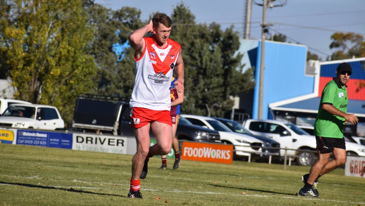 GUEST APPEARANCE: Jacob Conlan returned to Griffith from Albury Tigers to line-up against Ganmain-Grong Grong-Matong at Exies Oval on Sunday. Picture: Liam Warren