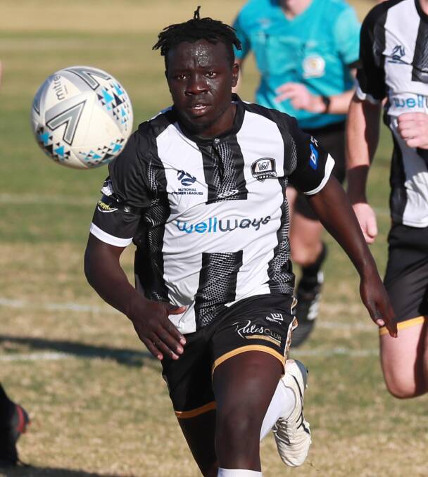 ON THE BOARD: Jacob Ochieng scored Wagga City Wanderers' goal in the 3-1 loss to O'Connor Knights on Sunday. Picture: Les Smith