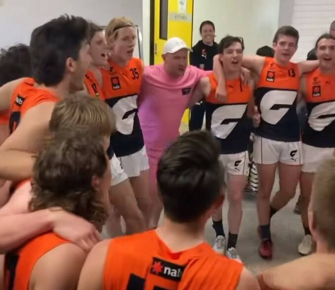 GOOD WIN: The Giants Academy enjoy their NAB League win over Geelong Falcons last Saturday. Harry Grintell (second from right) starred in the win.