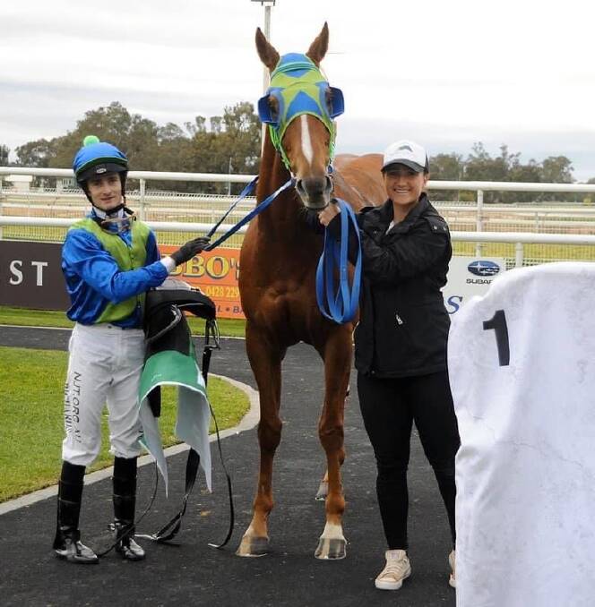 BREAKTHROUGH SUCCESS: Maddy Collins with Withorn and apprentice jockey Josh Richards. Picture: Maddy Collins Racing