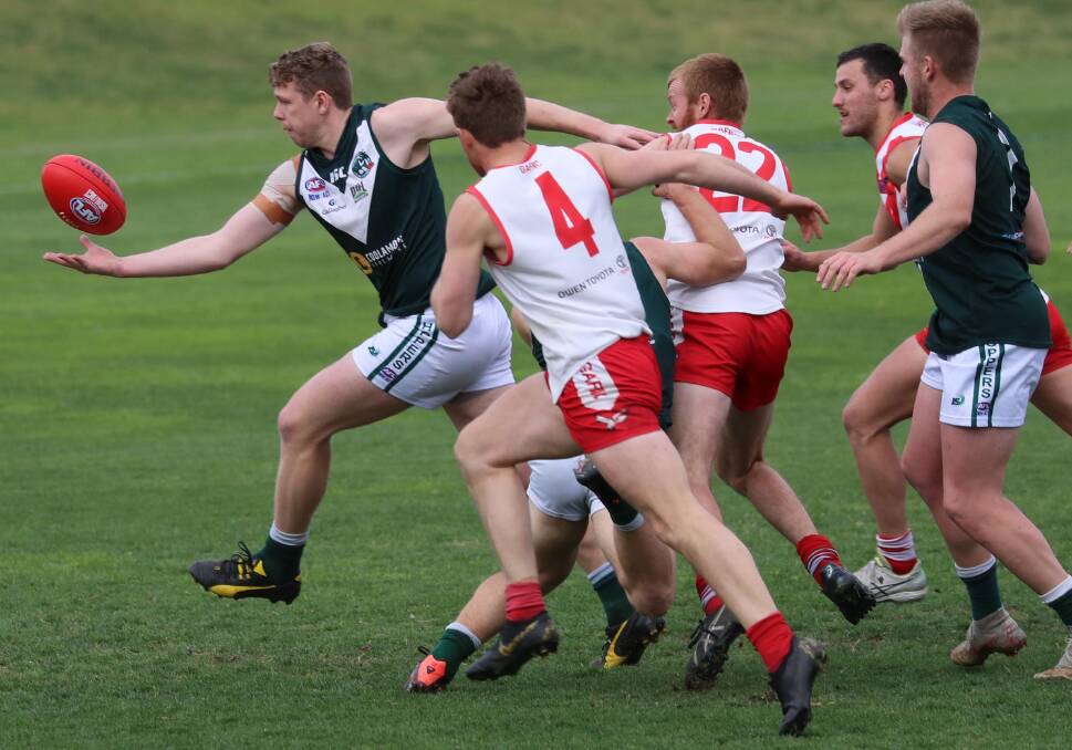 STANDOUT: Coolamon forward Joe Redfern kicked six of the Hoppers' seven goals in the second semi-final against Griffith at Narrandera Sportsground on Saturday. Picture: Les Smith
