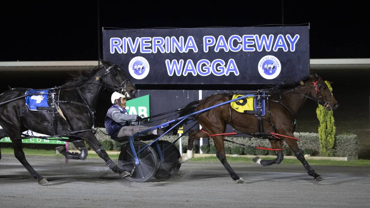 TOO TOUGH: Babyitscold, with Rodney Coelli in the driver's seat, wins the second Riverina heat of the Regional Championships at Riverina Paceway on Tuesday night. Picture: Madeline Begley