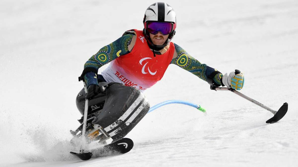 Josh Hanlon on his way to finishing sixth in the slalom at the Winter Paralympics at Beijing last month.