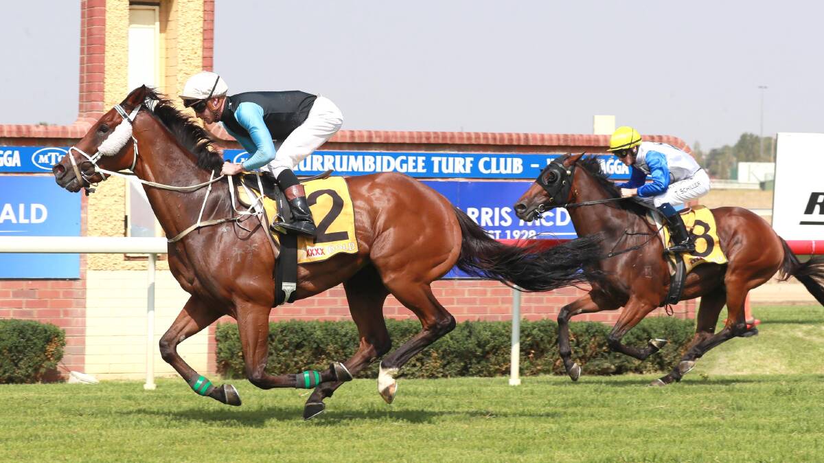 DOMINANT: Defy, with Blaike McDougall in the saddle, runs away for a easy victory at Murrumbidgee Turf Club on Thursday. Picture: Les Smith