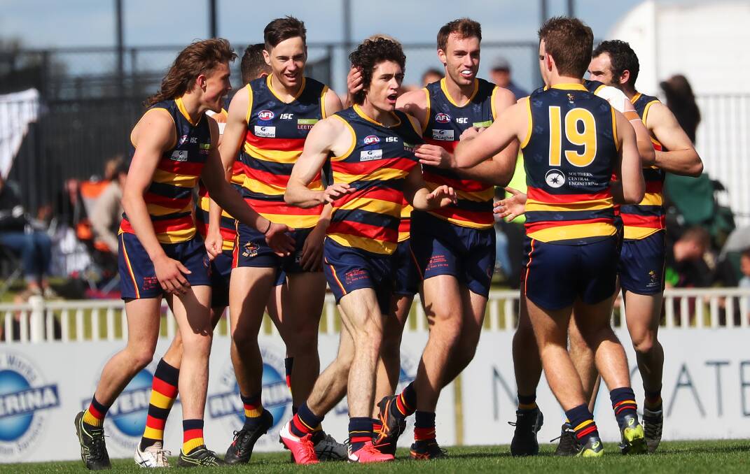 Leeton-Whitton players swarm around Jeromy Lucas after a goal for the Crows during the AFL Riverina Championships at Robertson Oval. Picture by Emma Hillier