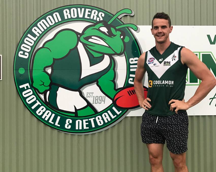 NEW BEGINNING: Coolamon recruit Anthony Atkin shows off his new colours at Kindra Park on Thursday night. 