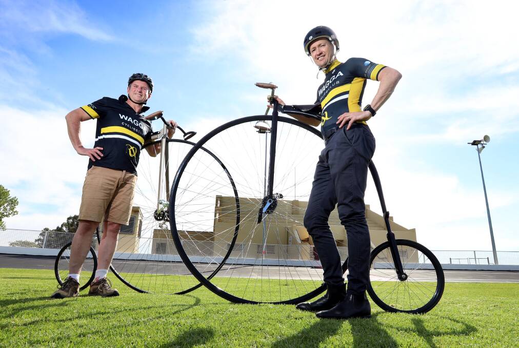 READY TO GO: Wagga's Steve McMullen and Adrian Hamilton gear up for the NSW Penny Farthing Championships this weekend. Picture: Les Smith