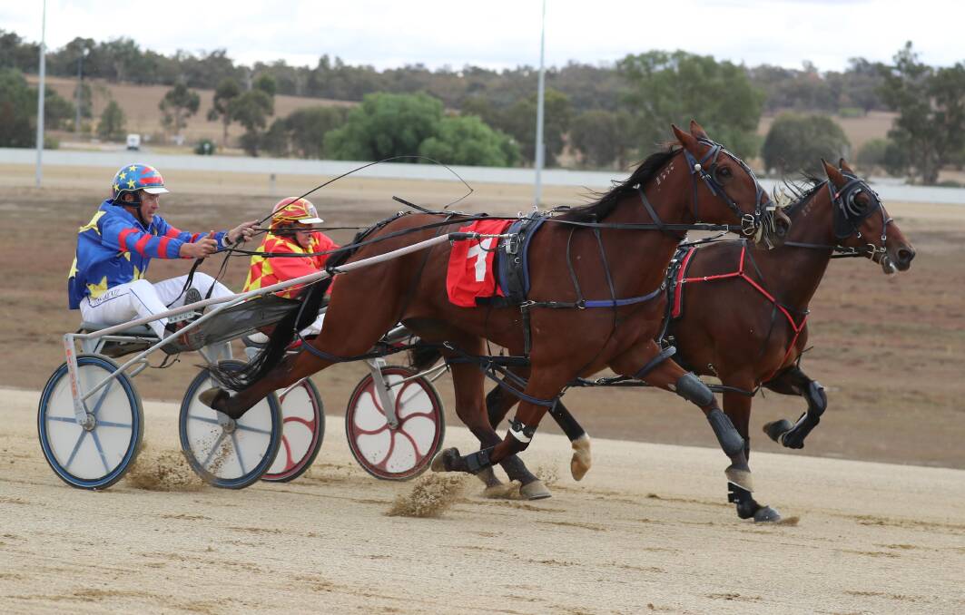 CLOSE CALL: Zoes Regal (left) works past Monterei Duke to win the HRNSW Reward Series Final (1740m) at Riverina Paceway on Sunday. Picture: Les Smith