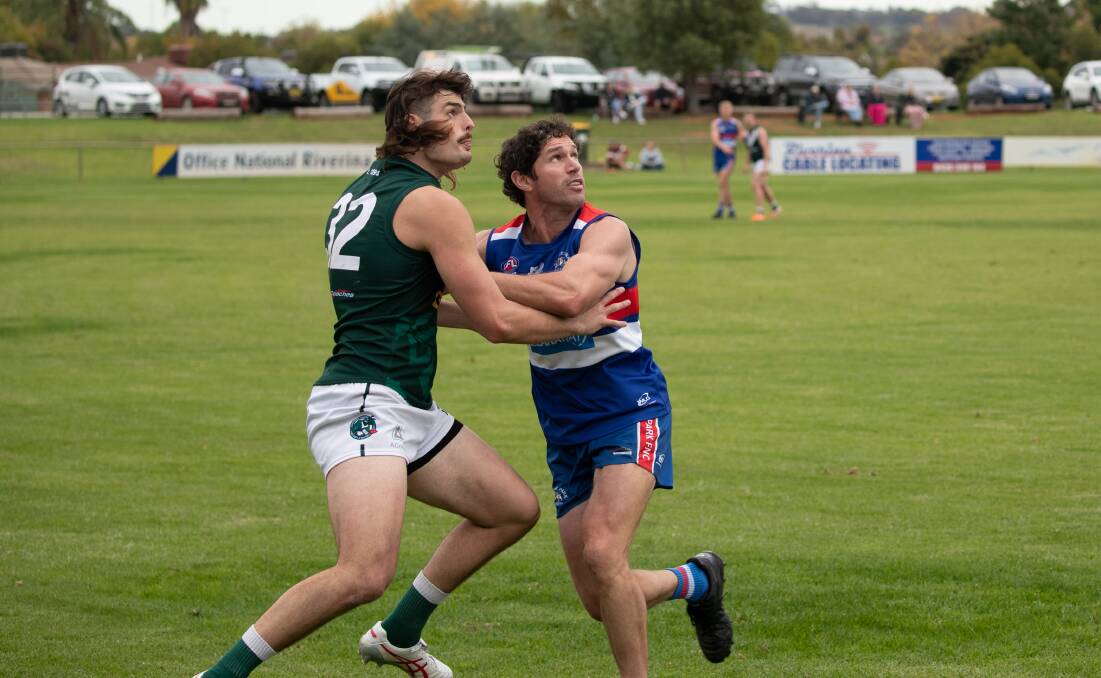 Tim Oosterhoff wrestles with Turvey Park defender Tim Doyle during a Riverina League game at Maher Oval this season. Picture by Madeline Begley