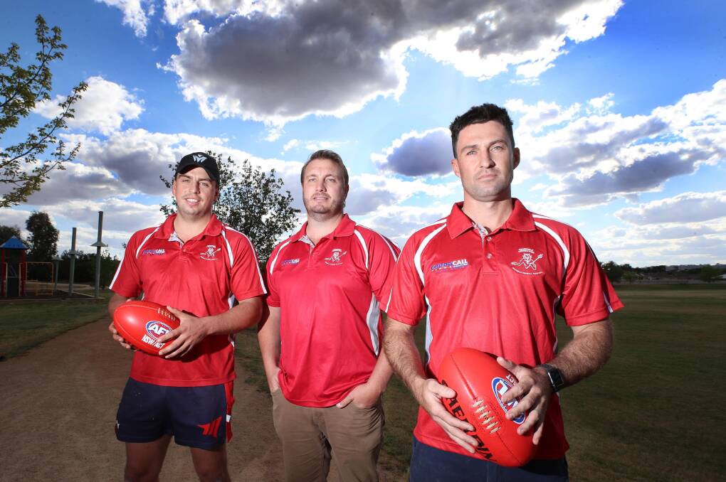 ON BOARD: Collingullie-Glenfield Park coach Brett Sommerville (middle) welcomes Ned Mortimer (left) and Ben Absolum back to the club. Picture: Les Smith