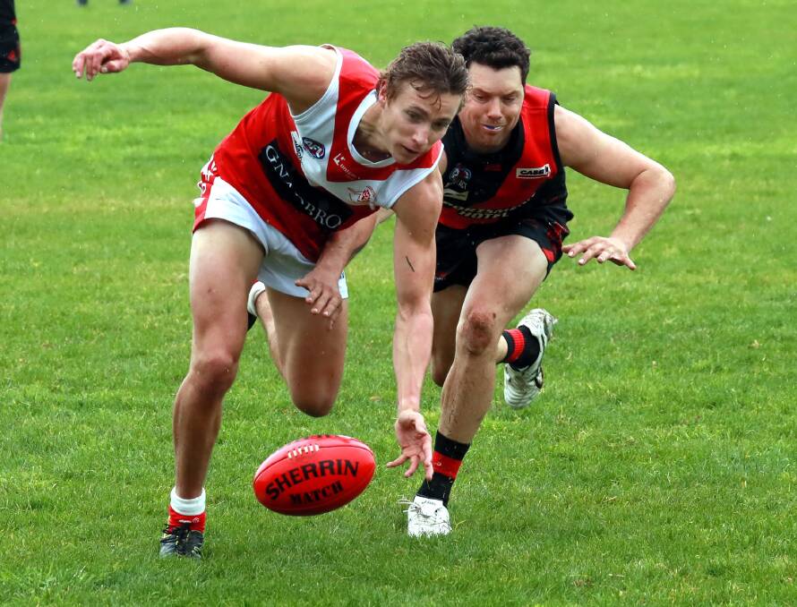 WAITING GAME: Collingullie-Glenfield Park's Zac Burhop competes with Marrar's Brad Moye in a trial game at Langtry Oval on Saturday. Picture: Les Smith
