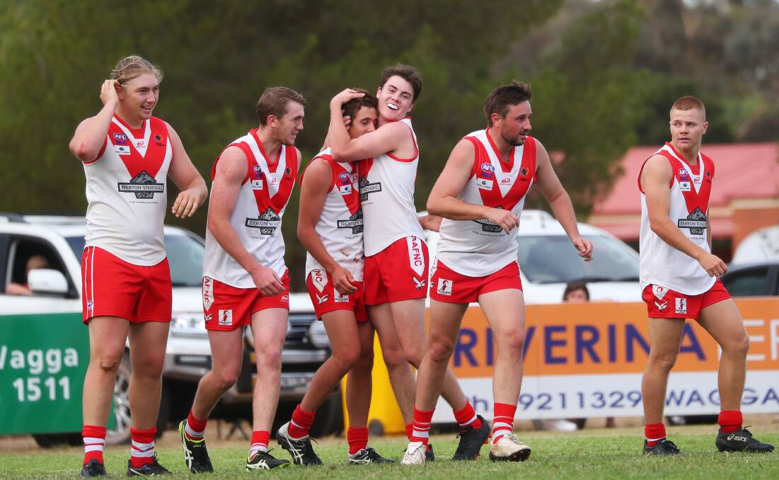 Griffith celebrate a goal during their red-hot second quarter. Picture: Emma Hillier