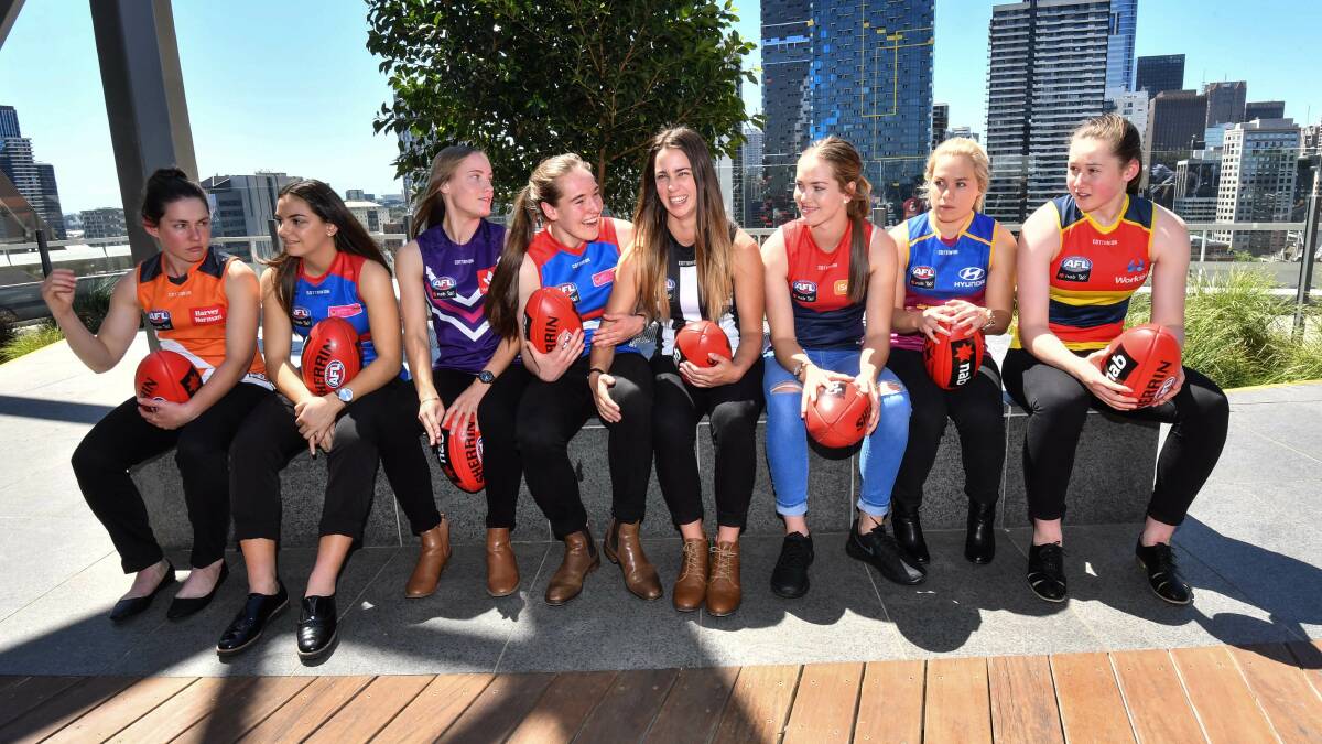 NEW BATCH: Hay's Jodie Hicks (far left) with fellow draftees Monique Conti, Stephanie Cain, Isabelle Huntington, Chloe Molloy, Eden Zanker, Jordan Zanchetta and Jess Allen in Melbourne on Wednesday.