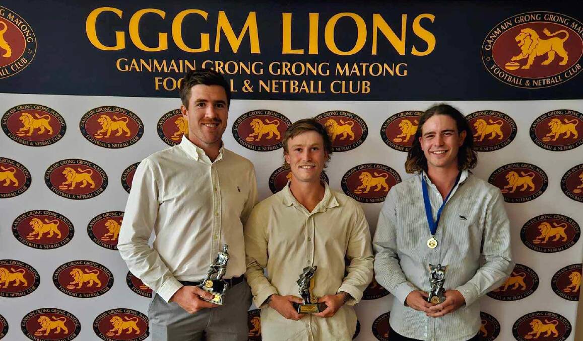 Ben Walsh, Shannon Butterfield and Matt Hamblin show off their awards from Ganmain-Grong Grong-Matong's presentation night. Picture by Ganmain-Grong Grong-Matong FNC