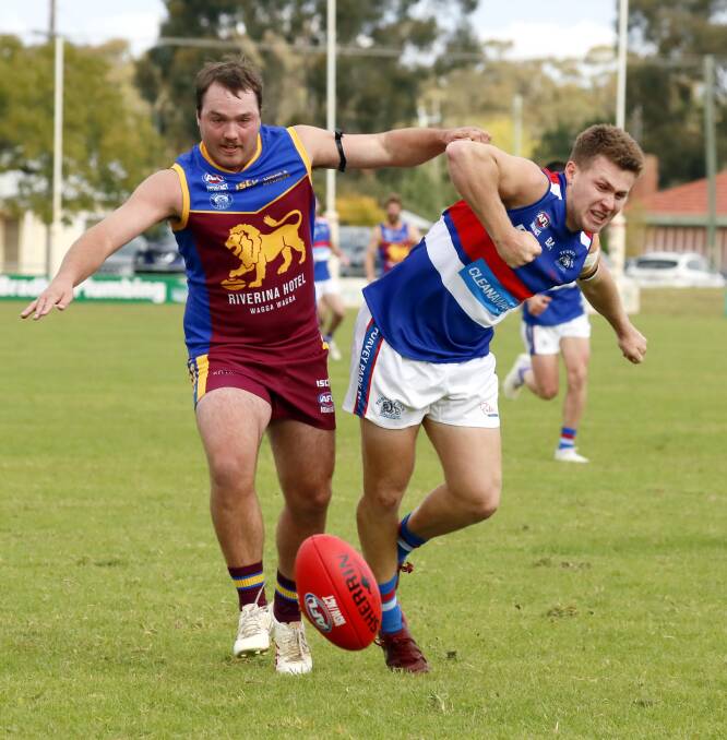 Ganmain-Grong Grong-Matong forward Kai Watts battles it out with Turvey Park's Henry Jenkins in a Riverina League game at Ganmain Sportsground this year. Picture by Les Smith