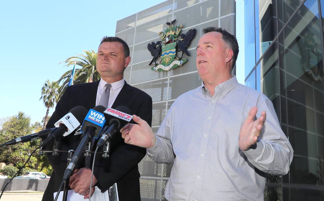 Murrumbidgee Turf Club chief executive Scott Sanbrook and Wagga deputy mayor Dallas Tout on Friday. Picture: Les Smith