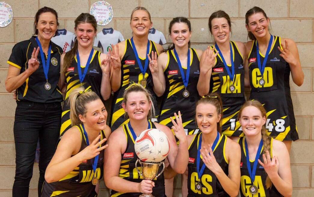 Six Wagga Tigers premiership players backed up in Uranquinty's A grade netball grand final win on Sunday. Picture: Andrew McLean