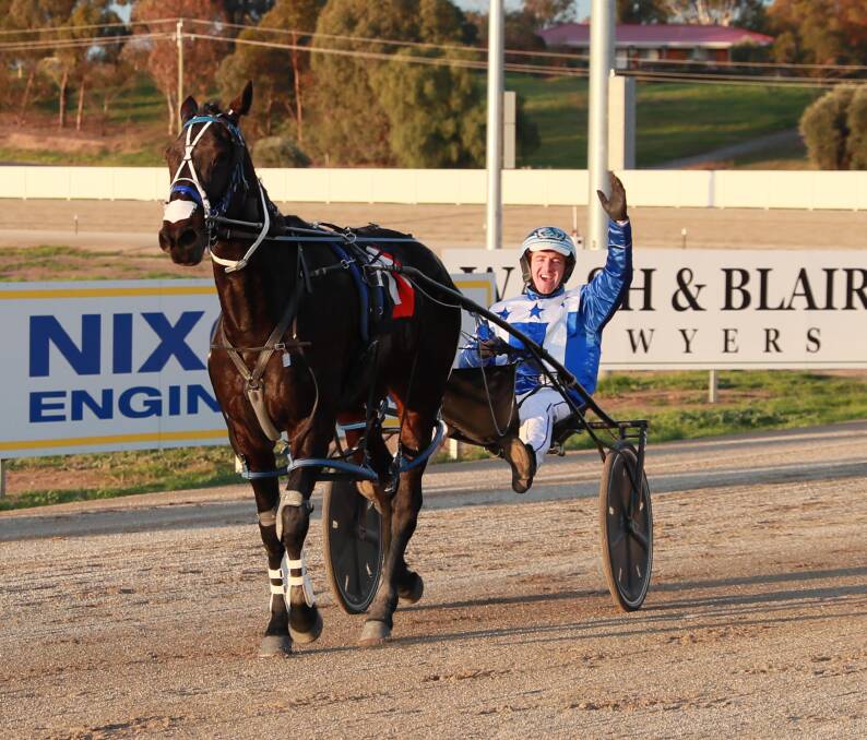 HIGHLIGHT: Tom Gilligan celebrates on Rocky Creed in this year's Regional Championships at Riverina Paceway. Picture: Les Smith