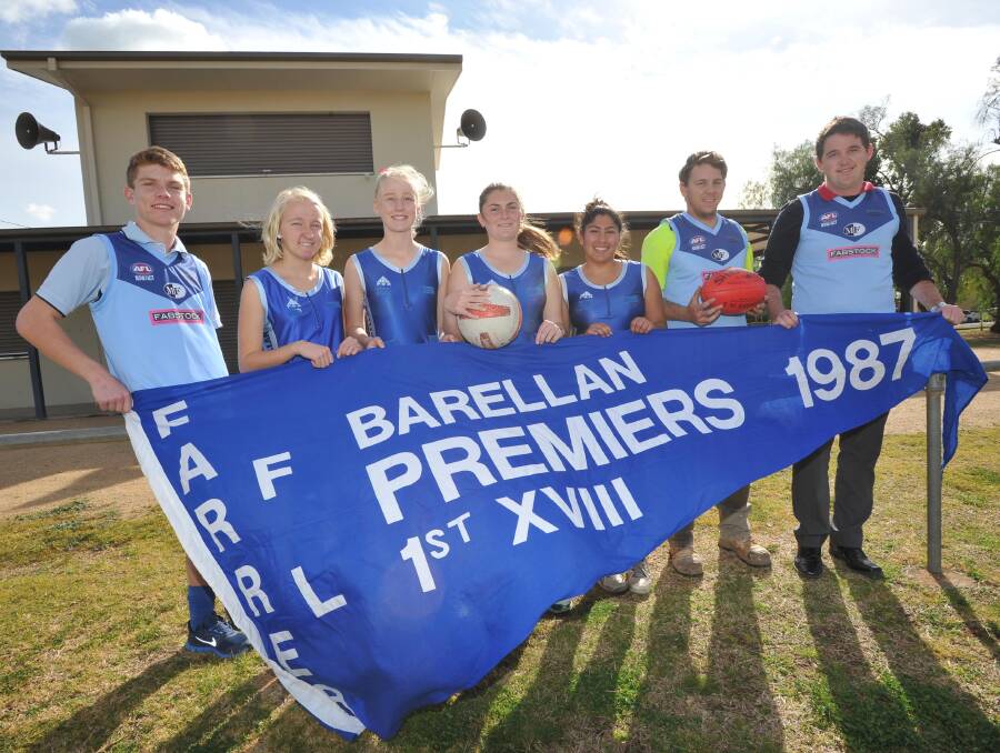 HAPPIER TIMES: Barellan's Kurt Bandy, Jessie McDermott, Lisa Ohlsen, Hannah Kenny, Shane Gibson, Brad Mogg and Nathan Hartley back in 2014 when it was announced the senior club would join the Farrer League.