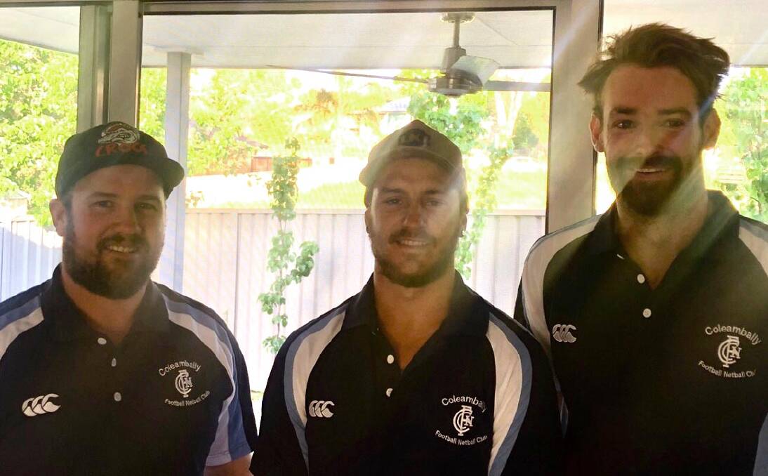 WELCOME ABOARD: Coleambally co-coaches Mitch Carroll (left) 
and Luke Hillier (right) welcome new signing Curtis Steele to the club.