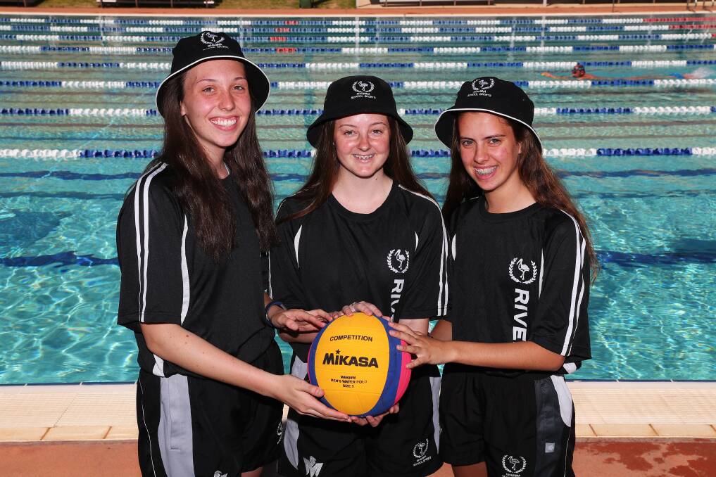 READY TO GO: Wagga water polo players Bridie Sheridan, 17, Zelda Nugent, 16 and Ebony Lewis, 15, will represent Riverina at the NSW CHS championships this week. Picture: Emma Hillier