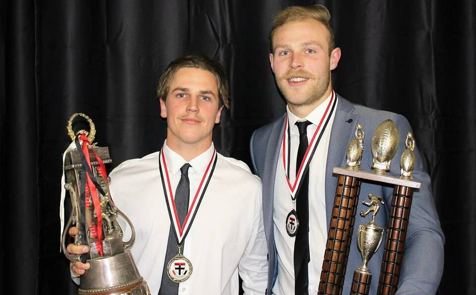 DYNAMIC DUO: Jacob May and Lachie Highfield show off the awards they won at North Wagga's presentation night on Friday. The pair finished first and second in the best and fairest.