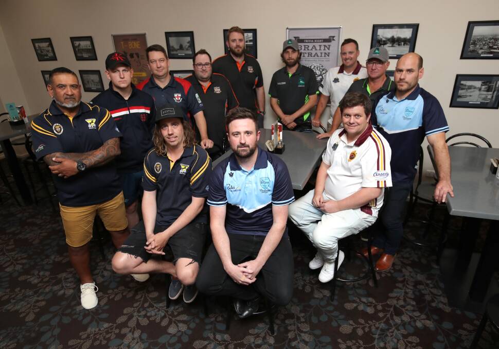 READY TO GO: (clockwise from left) Craig Footman, Beck Frostick, Justin Ward, Tom Perry, Ben Willis, Rob Nicoll, Isaac Cooper, Owen Thompson, Jeremy Rowe, Matt Tansey, Joel Robinson and Keenan Hanigan at Wednesday night's season launch. Picture: Les Smith
