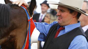 HAPPY DAYS: Wagga trainer Trevor Sutherland congratulates Hangin' With Willy after his win on Wagga Gold Cup day. Picture: Les Smith