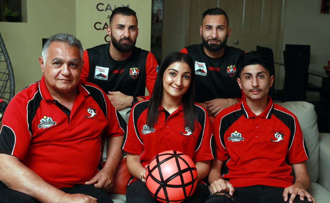 KEEPING IT IN THE FAMILY: (back row) Henri and Fred Gardner with (front row) father Laith and siblings Maryam and Eric at home this week ahead of this weekend's Football Wagga grand finals. Picture: Les Smith