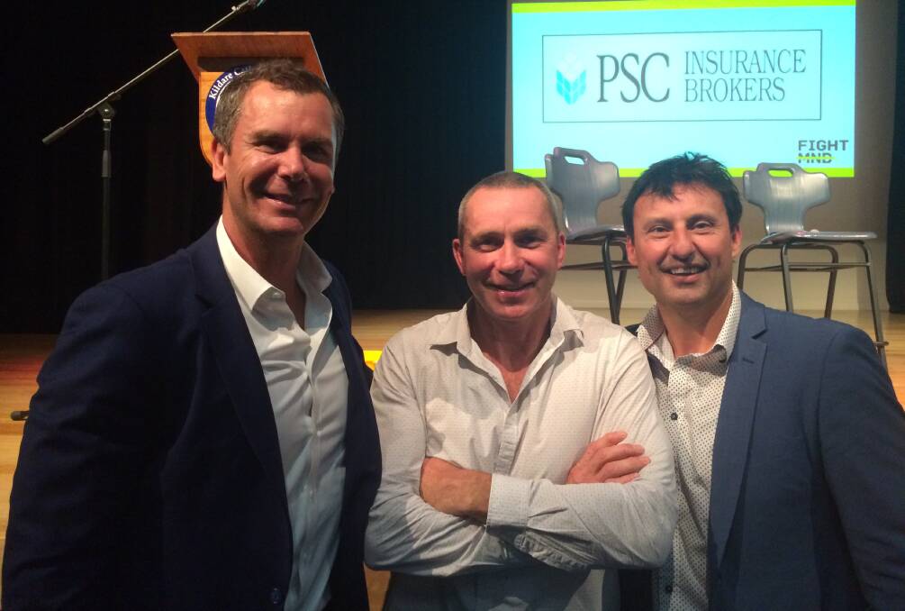 RIVERINA ROYALTY: Wayne Carey, Paul Kelly and Laurie Daley enjoy the Daniher's Drive Sportspeople's night at Kildare Catholic College on Thursday. Picture: Matt Malone