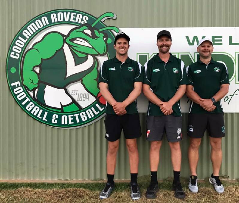 FRESH FACE: Coolamon co-coaches Jake Barrett (left) and Jamie Maddox (right) welcome Harry Birch to the club. 