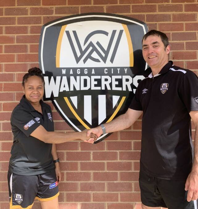 LEADERS: New Wagga City Wanderers women's head coach Sam Gray congratulates new club captain Suze Waia on her appointment. 