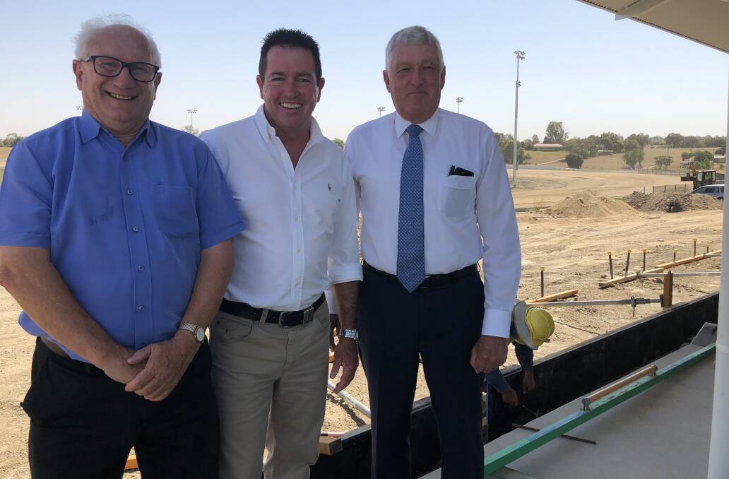 EXCITING TIMES: Wagga Harness Racing Club president Terry McMillan, racing minister Paul Toole and Harness Racing NSW chairman Rod Smith at the new $12 million Cartwrights Hill facility, Riverina Paceway, on Wednesday. Picture: Matt Malone