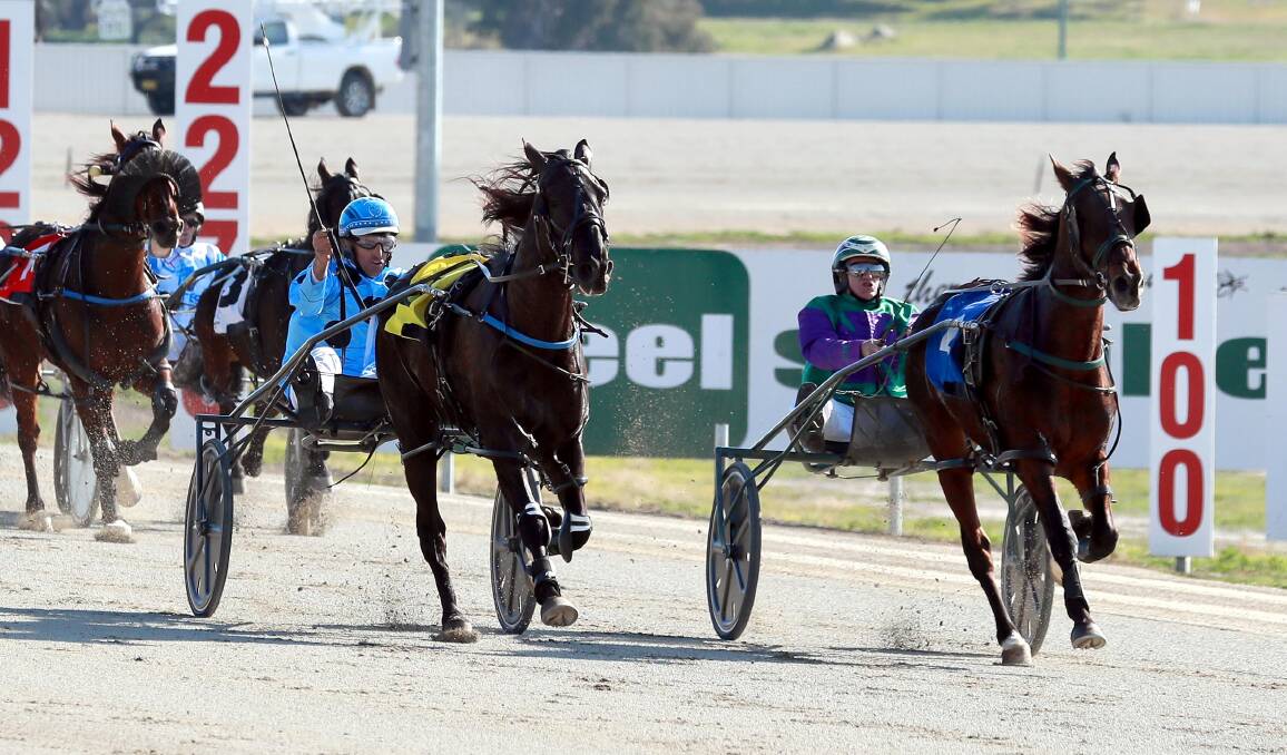 WINNERS: Backbencher gets the better of Loorim Lad at Riverina Paceway earlier this month. Prizemoney in NSW is set to return to normal levels as of next week. Picture: Les Smith