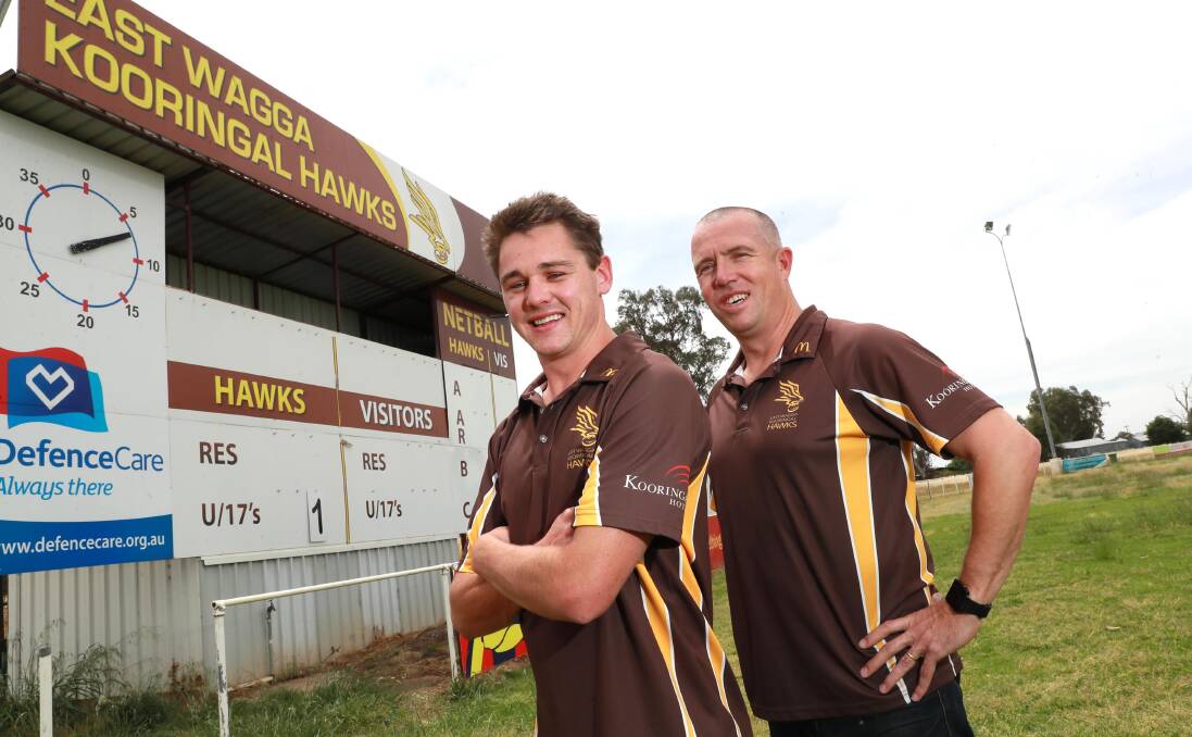 WELCOME ABOARD: East Wagga-Kooringal coach Matt Hard (right) welcomes new recruit Nick Ryan to the Hawks at Gumly Oval on Wednesday. Picture: Les Smith