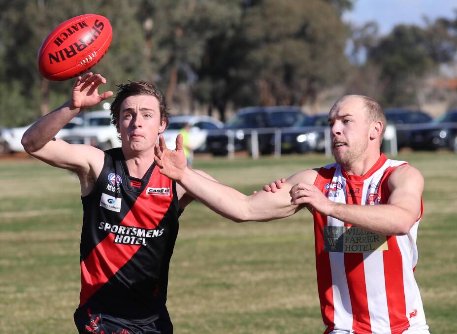 OUT: Marrar forward Rhys Mooney (left) will miss four to six weeks with a sprained ankle, sustained on the weekend when kicking seven goals for the Bombers against Temora.