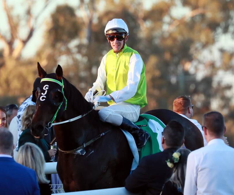 Nick Heywood returns after guiding Monterey Zar to victory in the final race on Wagga Gold Cup day.