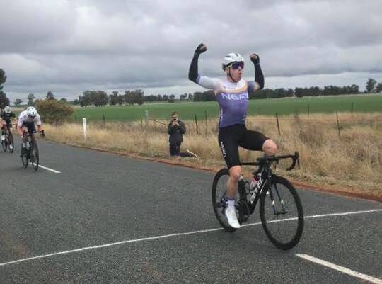 WINNER: Myles Stewart takes out the Butch Menz Memorial at Collingullie on Sunday. Picture: Wagga Cycling Club