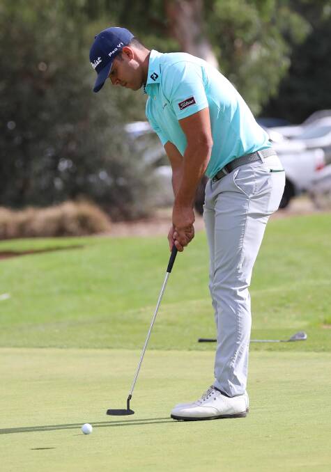 YOUNG GUN: Aussie young gun Dimitrios Papadatos putts on the ninth hole during the opening round of the Wagga Pro-Am at Wagga Country Club on Thursday. Picture: Les Smith