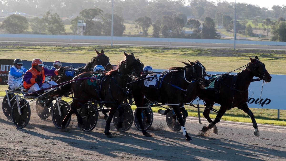 BUSY FINISH: Roll Out bursts through along the inside for Brett Hogan to score in the Sky Racing Active Pace (1740m) at Riverina Paceway on Friday. Picture: Les Smith