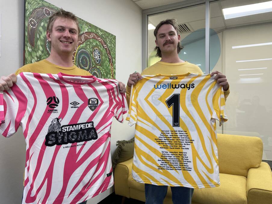 NICE AND BRIGHT: Wagga City Wanderers players James Thomson and Ned Evans show off their colours for Saturday's charity round at Gissing Oval. Picture: Matt Malone